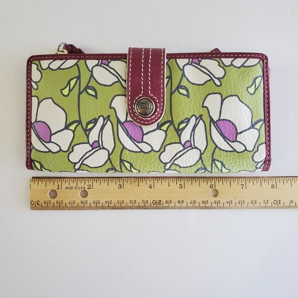 ❌️Vintage Fossil Whtie Floral Leather Snap Wallet Green Maroon Purple Y2K NWOT - Picture 9 of 10